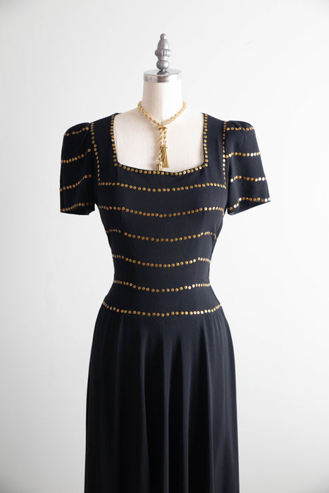 Stunning 1940’s Black Rayon Evening Gown With Gold Sequins / S