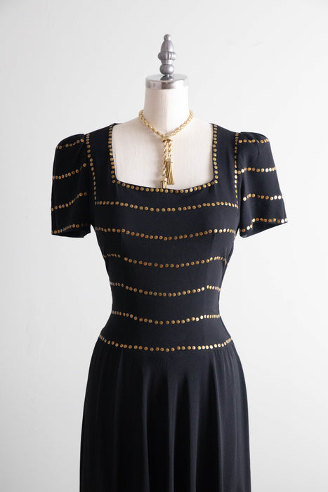 Stunning 1940’s Black Rayon Evening Gown With Gold Sequins / S