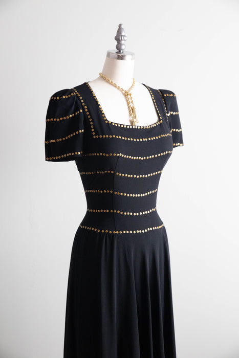 Stunning 1940’s Black Rayon Evening Gown With Gold Sequins / S