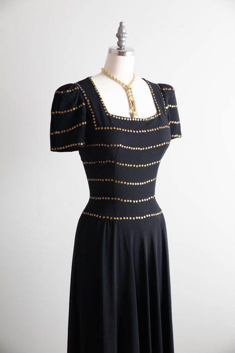 Stunning 1940’s Black Rayon Evening Gown With Gold Sequins / S