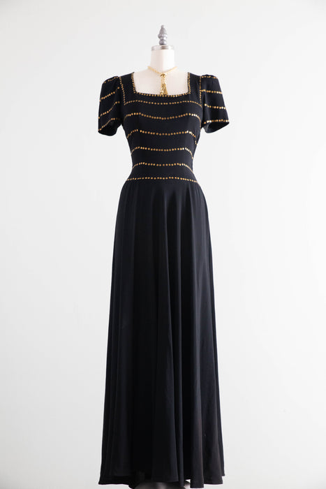 Stunning 1940’s Black Rayon Evening Gown With Gold Sequins / S