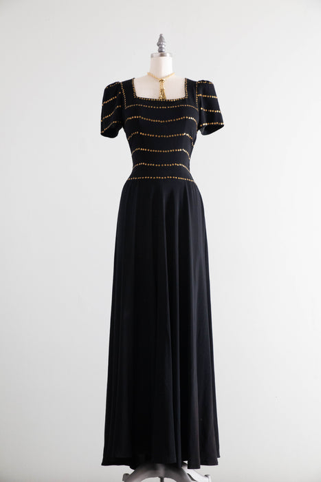 Stunning 1940’s Black Rayon Evening Gown With Gold Sequins / S