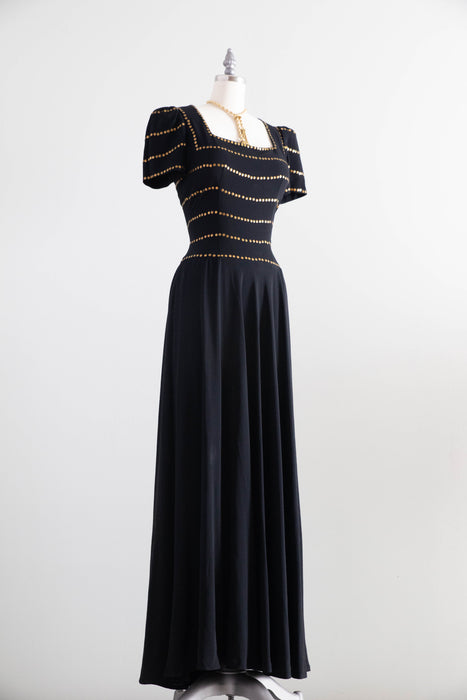 Stunning 1940’s Black Rayon Evening Gown With Gold Sequins / S
