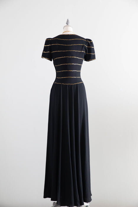 Stunning 1940’s Black Rayon Evening Gown With Gold Sequins / S