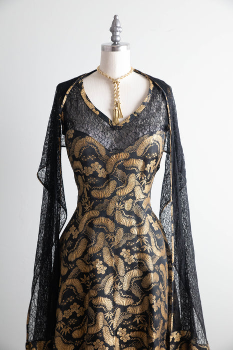 Stunning Late 1940’s Chinese Gold Brocade Evening Dress with Shawl  / SM