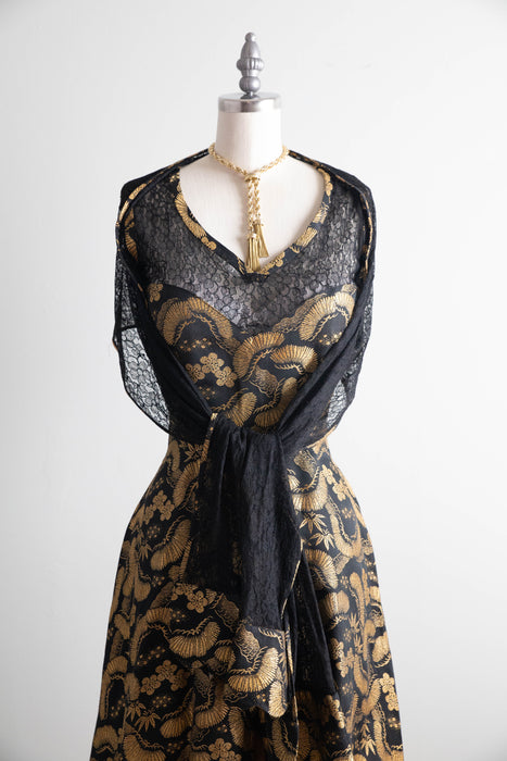 Stunning Late 1940’s Chinese Gold Brocade Evening Dress with Shawl  / SM