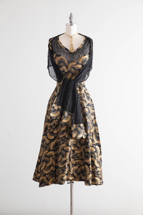 Stunning Late 1940’s Chinese Gold Brocade Evening Dress with Shawl  / SM