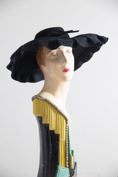 Dramatic 1950's Black Wool Felt Wide Brim Portrait Hat By Goldwin / 22