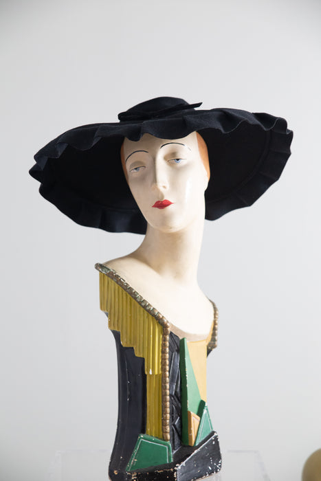 Dramatic 1950's Black Wool Felt Wide Brim Portrait Hat By Goldwin / 22
