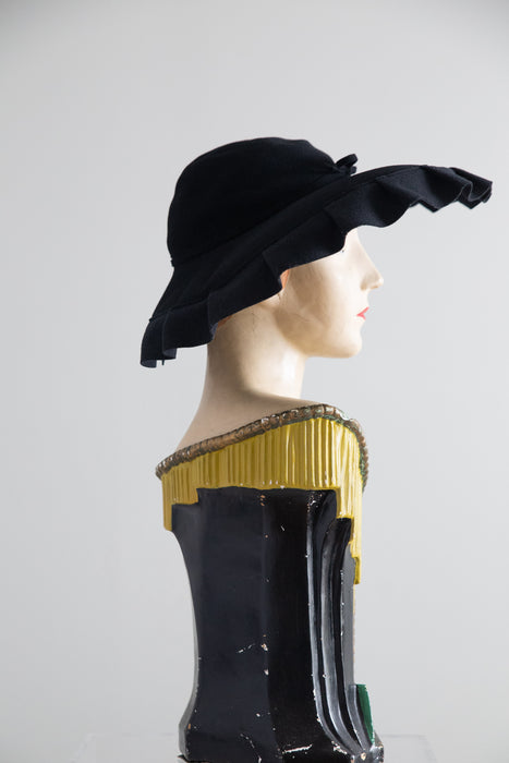 Dramatic 1950's Black Wool Felt Wide Brim Portrait Hat By Goldwin / 22