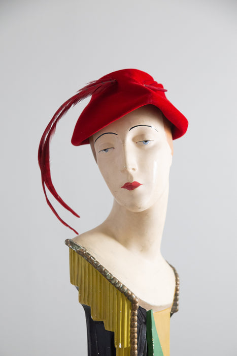 Dramatic Patrice Model Vintage Red Felt Hat with Sweeping Feather Plume