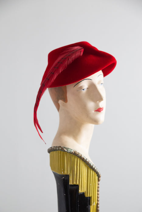 Dramatic Patrice Model Vintage Red Felt Hat with Sweeping Feather Plume