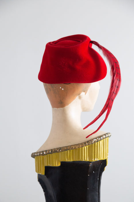Dramatic Patrice Model Vintage Red Felt Hat with Sweeping Feather Plume