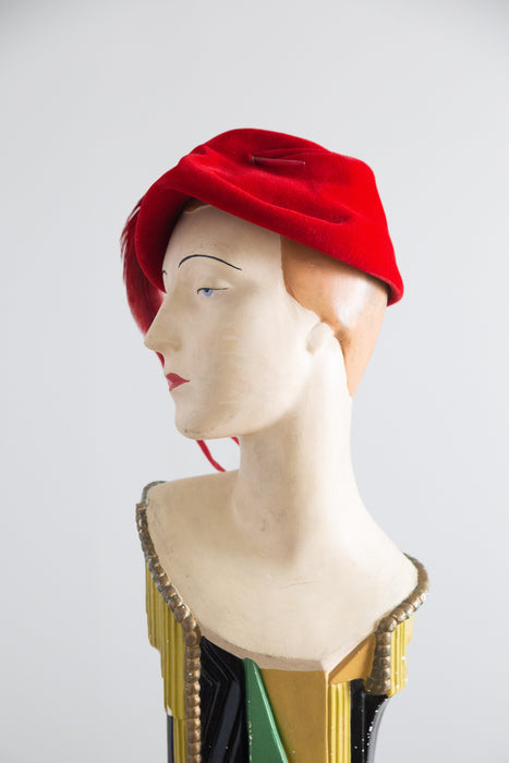 Dramatic Patrice Model Vintage Red Felt Hat with Sweeping Feather Plume