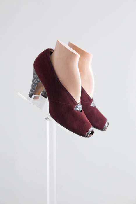 Killer 1940's Malaga Suede & Lizard Peep Toe Pumps By Krupp's / 7B