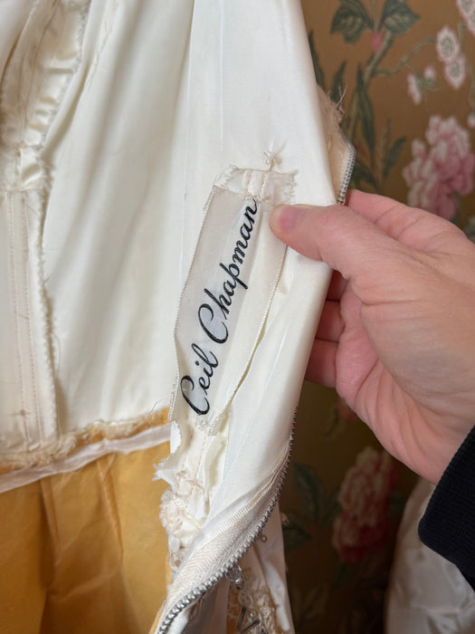 Exquisite 1950’s Ivory Satin Party Dress by Ceil Chapman / M