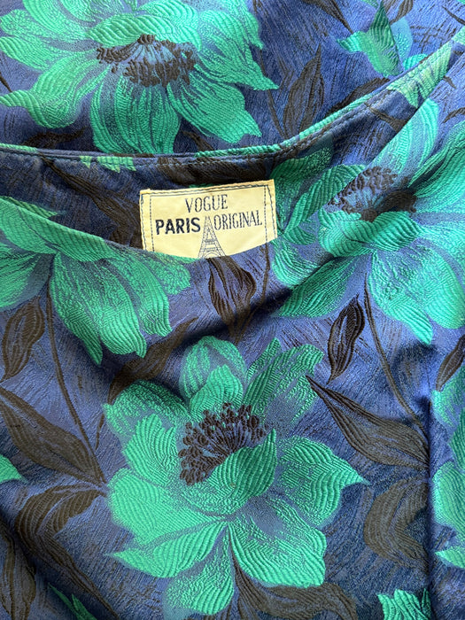 Elegant 1950's Brilliant Blue & Green Floral Silk Brocade Cocktail Dress / SM