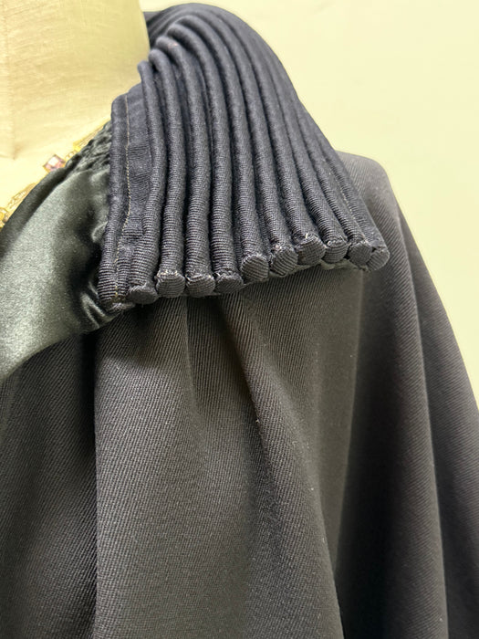 Magnificent 1920s Navy Wool Gabardine Evening Coat with Silk Lining and Fringe Trim / OS