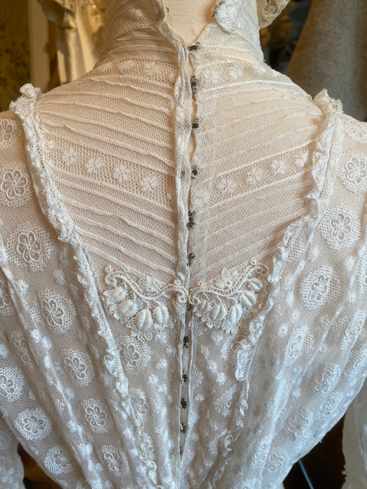 Exquisite Edwardian Embroidered Net Tea Dress With Pale Pink Rosettes / Small