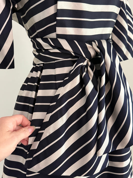 Chic Early 1960's Silver & Navy Blue Striped Silk Dress From Lipman's / XS