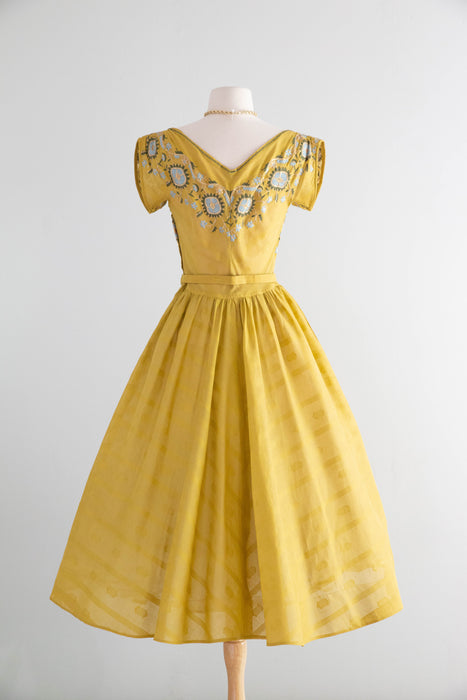 Iconic 1950’s Tina Leser Saffron Embroidered Cotton Dress / S