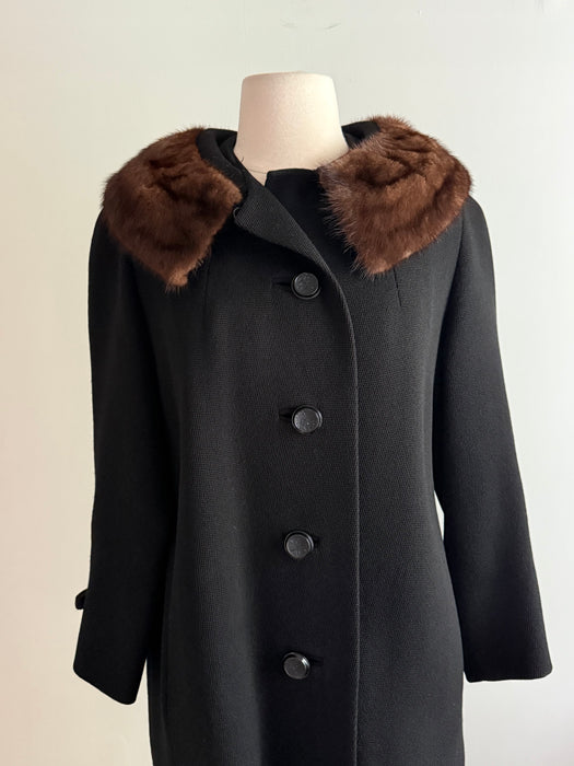 Elegant Late 1950’s Rothmoor Wool Coat with Bows and Mink Collar With Brooch / M