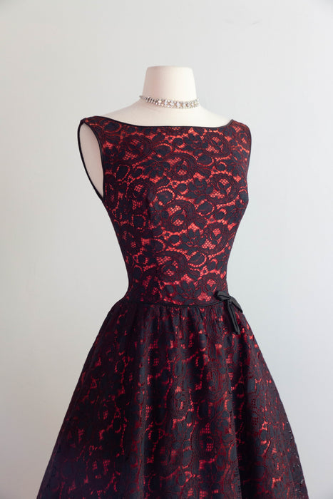 Fabulous Early 1960's Lace Party Dress In Black & Fire Engine Red / Small