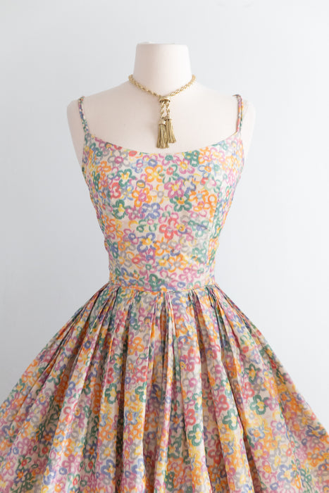 Enchanting 1950’s Pastel Garden Silk Floral Party Dress With Pockets! / Small