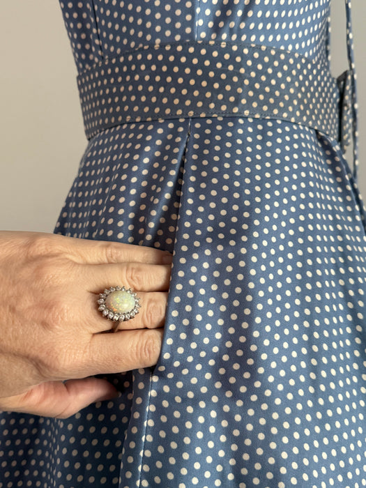 Rare Early 1950's New Look Era Blue Silk Polka Dot Dress Designed By Jacques Fath for Joseph Halpert / Small