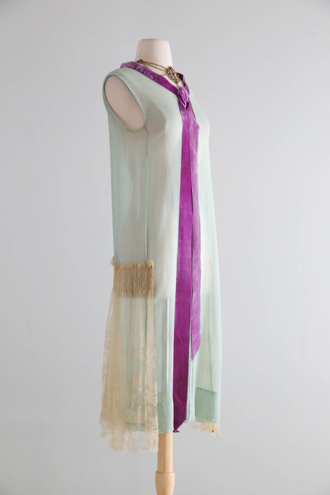 Ethereal 1920’s Aquamarine & Violet Sheer Silk Chiffon Flapper Dress With Embroidered Net