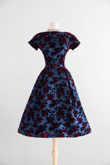 Gorgeous 1950’s Samuel Winston by Roxane Demi Couture Flocked Velvet Cocktail Dress / SM