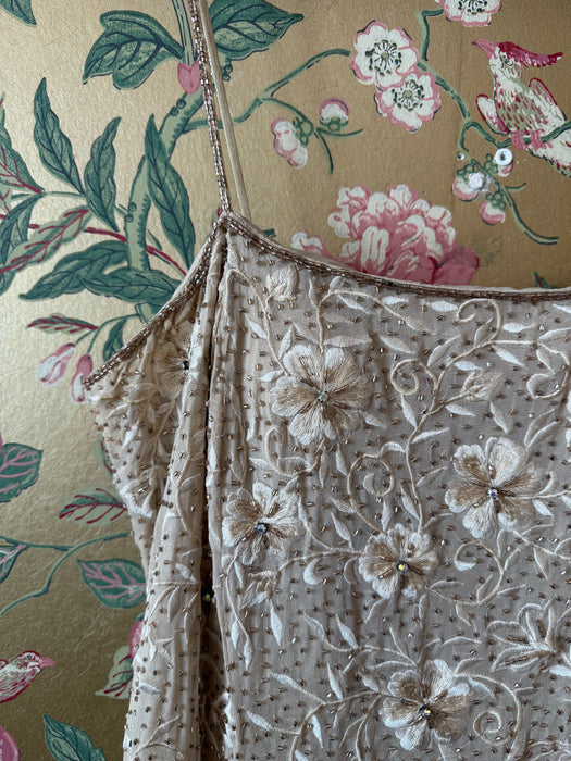 Dreamy Vintage Beaded and Embroidered Champagne Silk Chiffon Bridal Gown / ML