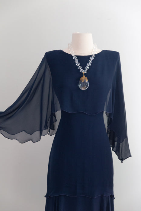 Rare Vintage Holly’s Harp Navy Silk Chiffon Tiered Gown / M