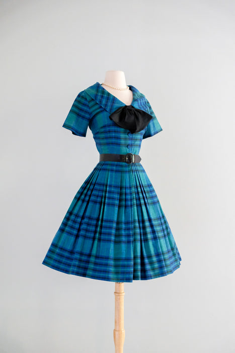 Charming 1960's Blue Paid Cotton Dress by Eve Le Coq / Sz M