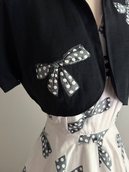 Darling Early 1950's NOS Polka Dots & Bows Print Cotton Dress & Jacket / XS