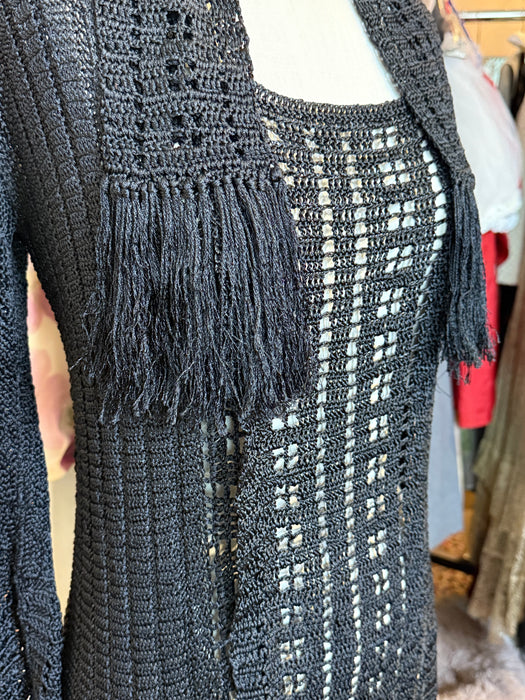 Sinuous 1920’s Black Silk Geometic Crochet Fringed Evening Dress Robe / Small
