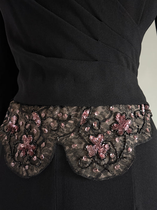 Elegant 1940's Black Rayon Evening Dress With Embellished Illusion Lace / M