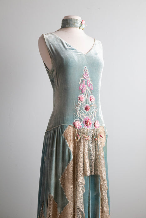 Museum Quality 1920’s Erotic Couture Evening Dress By Sadie Nemser 'Secret Garden' Aquamarine Silk Velvet / Small