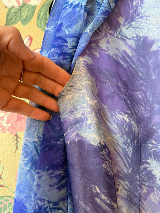 Glamorous Late 50's Silk Chiffon Cocktail Dress In An Abstract Blue Watercolor Print / M