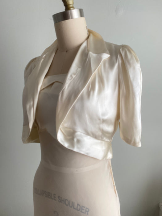 Old Hollywood Glamour 1930's Ivory Chiffon Bias Cut Evening Gown & Jacket / XS