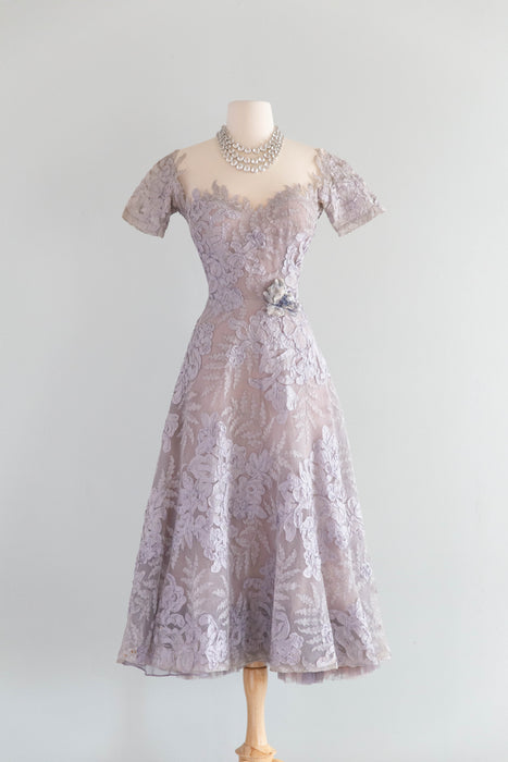 Exquisite and Rare 1950's Philip Hulitar Misty Lilac Illusion Lace Couture Cocktail Dress / S