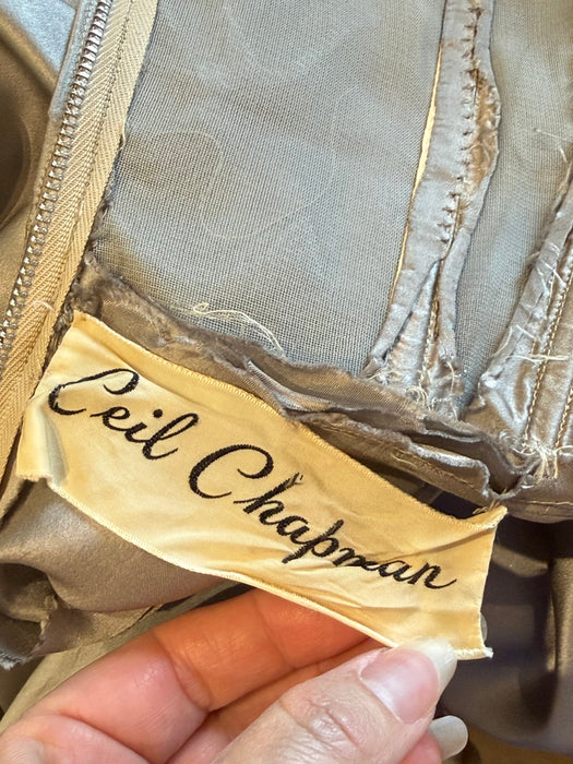 Breathtaking 1950's Ceil Chapman Evening Gown In Pewter Silk / S