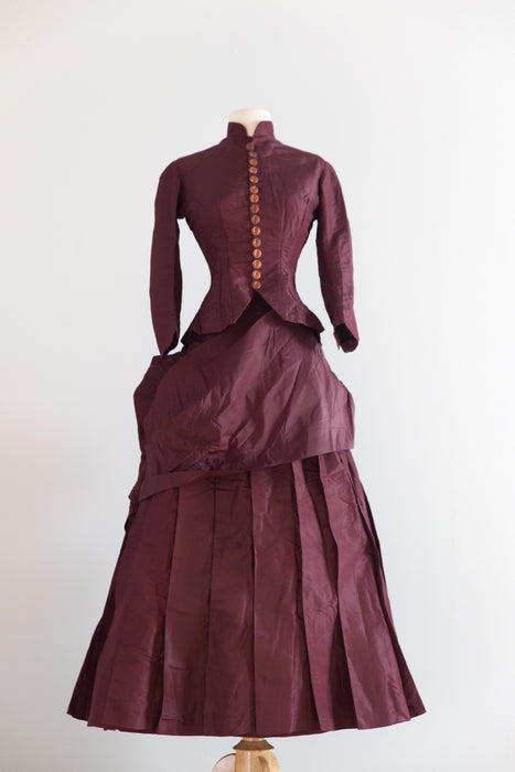Antique 1880s Bustle Era Two-Piece in Aubergine Silk Taffeta with Celestial Buttons / XS