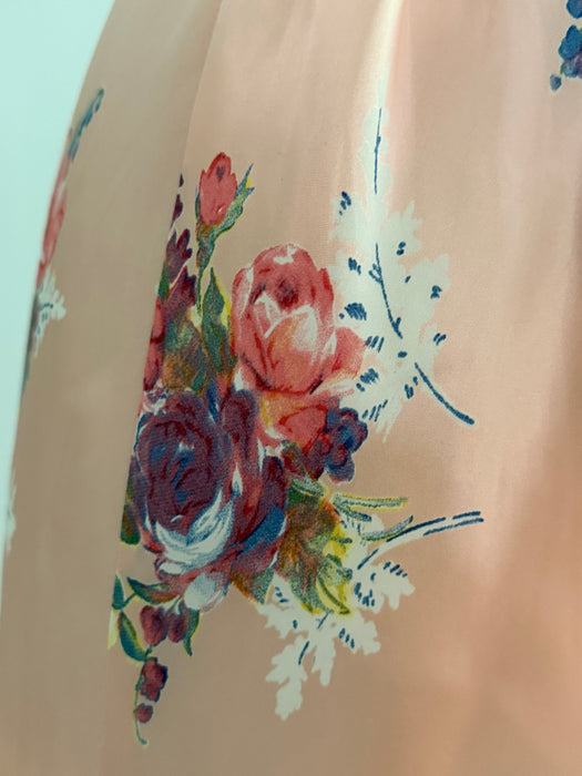 Dreamy 1940's Bias Cut Peach Satin Slip Dress With Floral Print By Corticelli / ML