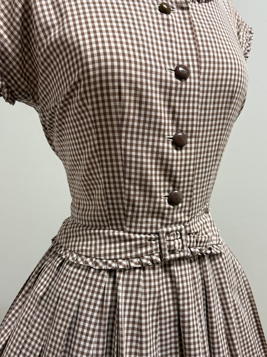 Classic 1950's Coffee & Cream Gingham Cotton Day Dress By R&K / SM