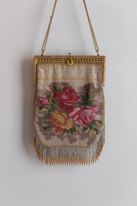 Beautiful Antique Edwardian Rose Micro Beaded Handbag