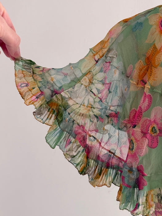 Dreamy 1930's Impressionist Floral Print Silk Chiffon Dress / SM