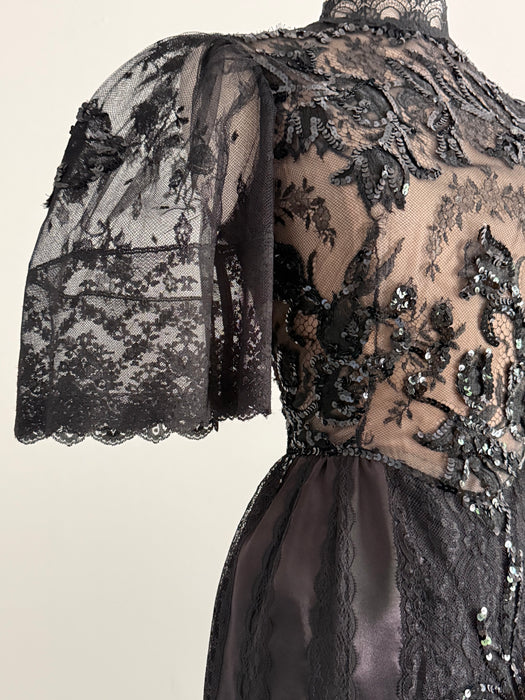 Rare Early 1980's Pat Kerr Illusion Lace Black Party Dress / Made in England / SM