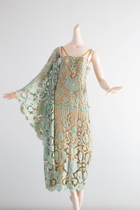 Museum Quality Rare 1920's Sally Milgrim Egyptian Revival Couture Evening Dress With Train / SM