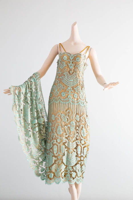 Museum Quality Rare 1920's Sally Milgrim Egyptian Revival Couture Evening Dress With Train / SM